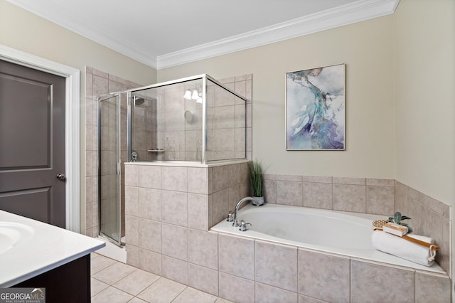 3105 Neal Ct, Cumming, GA 30041 - full bath featuring a bath, a stall shower, vanity, and ornamental molding