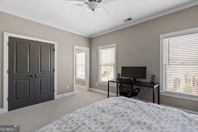 3105 Neal Ct, Cumming, GA 30041 - bedroom featuring ornamental molding, visible vents, carpet floors, multiple windows, and baseboards