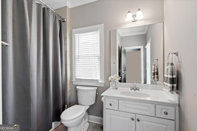 3105 Neal Ct, Cumming, GA 30041 - full bath with vanity, baseboards, tile patterned floors, crown molding, and toilet