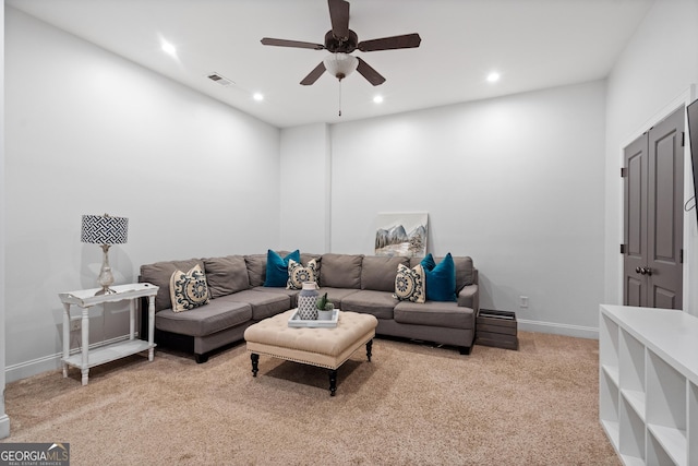 3105 Neal Ct, Cumming, GA 30041 - living room featuring light carpet, ceiling fan, visible vents, and recessed lighting
