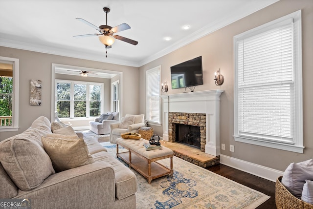 3105 Neal Ct, Cumming, GA 30041 - living room featuring baseboards, a fireplace, dark wood-style floors, crown molding, and ceiling fan