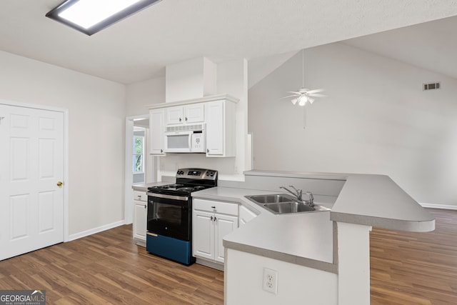 185 Cold Harbor Ct, Sharpsburg, GA 30277 - kitchen featuring white microwave, stainless steel electric stove, a peninsula, visible vents, and a sink
