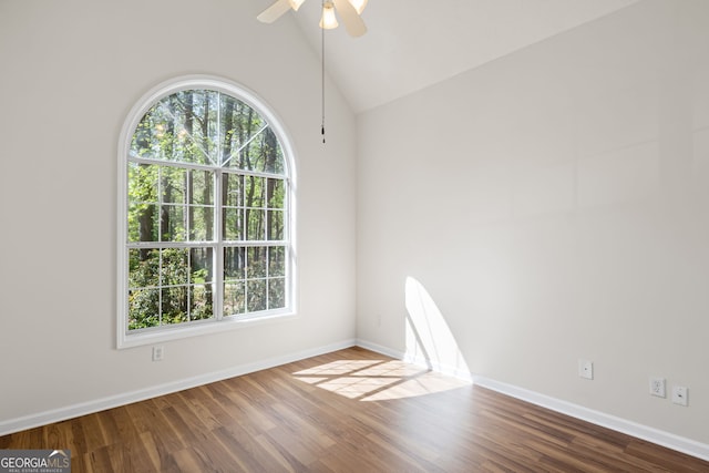 185 Cold Harbor Ct, Sharpsburg, GA 30277 - unfurnished room featuring wood finished floors, ceiling fan, baseboards, and lofted ceiling