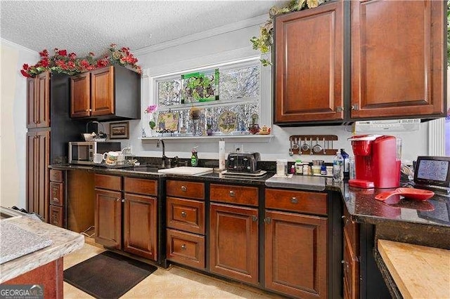 4941 N Helton Rd, Winston, GA 30187 - kitchen featuring a sink, a textured ceiling, ornamental molding, and dark countertops