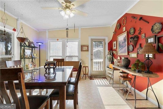 4941 N Helton Rd, Winston, GA 30187 - dining area with crown molding, ceiling fan, and a textured ceiling