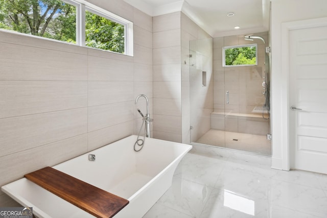 1155 Mcconnell Dr, Decatur, GA 30033 - bathroom featuring a stall shower, marble finish floor, and a freestanding bath