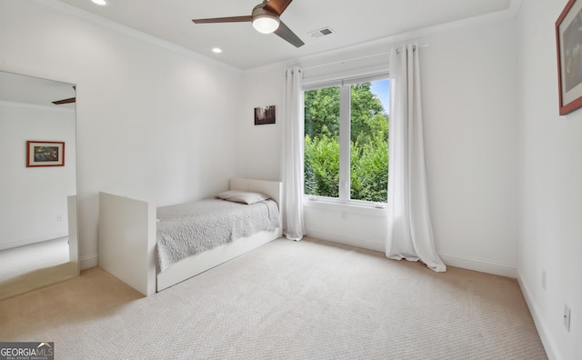 1155 Mcconnell Dr, Decatur, GA 30033 - carpeted bedroom featuring visible vents, baseboards, ceiling fan, crown molding, and recessed lighting