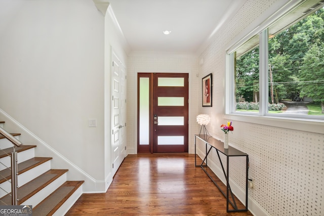 1155 Mcconnell Dr, Decatur, GA 30033 - entryway featuring wood finished floors, baseboards, and stairs