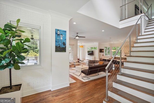 1155 Mcconnell Dr, Decatur, GA 30033 - staircase with recessed lighting, ceiling fan, baseboards, and wood finished floors