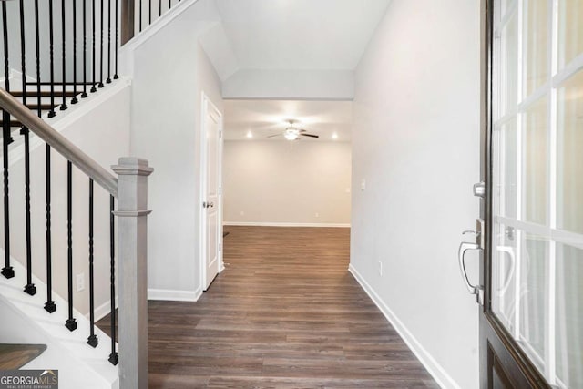 3514 Ambassador Aly, Scottdale, GA 30079 - entrance foyer featuring baseboards, a ceiling fan, stairs, and dark wood-style floors