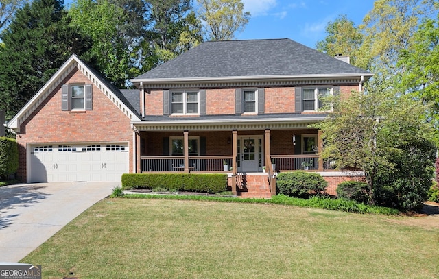 view of front of home with a porch, concrete driveway, brick siding, an attached garage, and a front yard