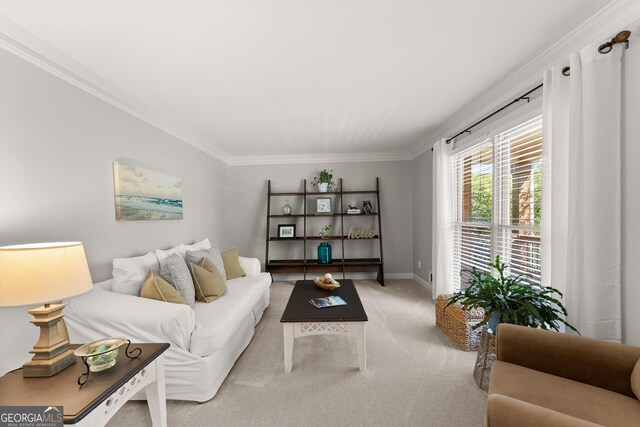 living room featuring light carpet, baseboards, and ornamental molding