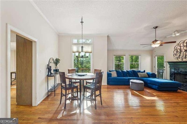 230 Oakmere Dr, Alpharetta, GA 30009 - dining area with a premium fireplace, a textured ceiling, crown molding, and wood finished floors