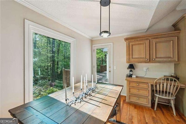 230 Oakmere Dr, Alpharetta, GA 30009 - dining space featuring crown molding, light wood-type flooring, plenty of natural light, and built in desk
