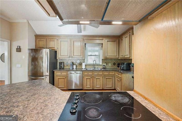 230 Oakmere Dr, Alpharetta, GA 30009 - kitchen featuring appliances with stainless steel finishes, a sink, backsplash, and dark countertops