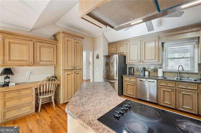 230 Oakmere Dr, Alpharetta, GA 30009 - kitchen with a sink, ornamental molding, appliances with stainless steel finishes, light wood finished floors, and decorative backsplash