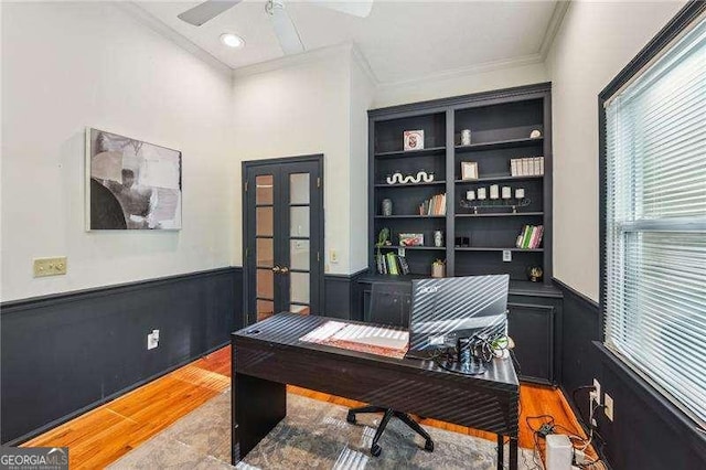 230 Oakmere Dr, Alpharetta, GA 30009 - office area featuring a ceiling fan, french doors, ornamental molding, and a wainscoted wall