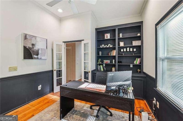 230 Oakmere Dr, Alpharetta, GA 30009 - office area with light wood-style flooring, ceiling fan, and ornamental molding