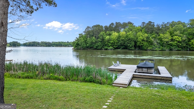 1001 Sugar Hill Way, Buckhead, GA 30625 - view of dock featuring a water view, a view of trees, and a yard