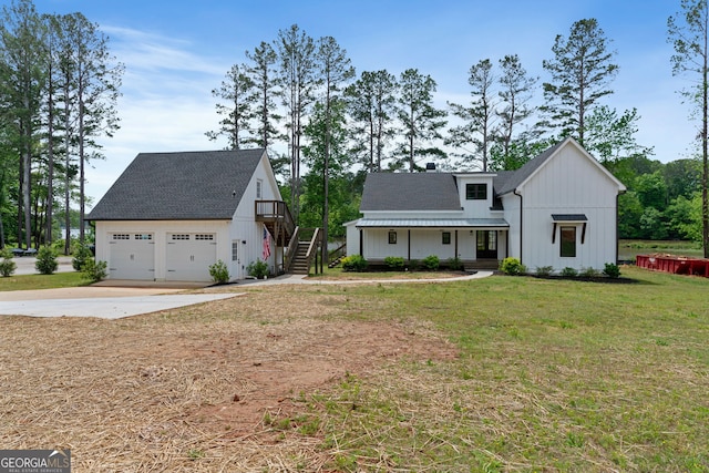 1001 Sugar Hill Way, Buckhead, GA 30625 - modern inspired farmhouse featuring board and batten siding, driveway, roof with shingles, stairway, and a front lawn