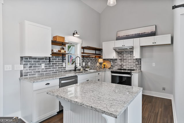 1001 Sugar Hill Way, Buckhead, GA 30625 - kitchen featuring appliances with stainless steel finishes, open shelves, a sink, baseboards, and white cabinetry
