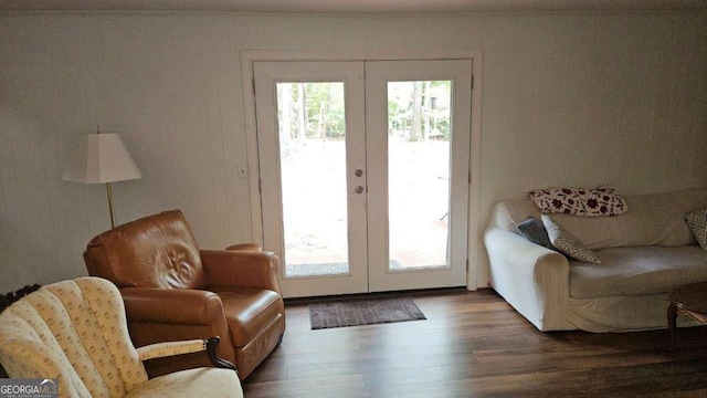 entryway with french doors, wood finished floors, and plenty of natural light