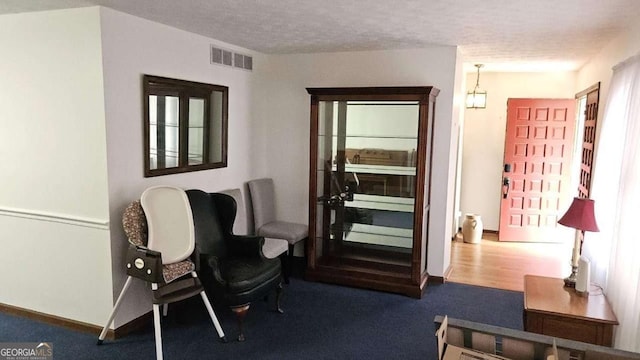 living area with carpet, visible vents, a textured ceiling, and baseboards