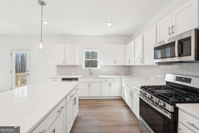 kitchen featuring stainless steel appliances, light countertops, a sink, and decorative backsplash