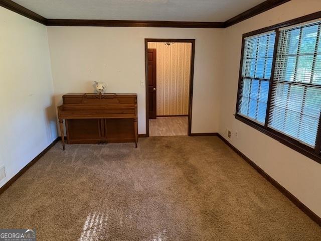 carpeted bedroom with baseboards and ornamental molding