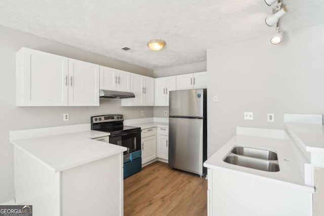 kitchen featuring freestanding refrigerator, electric range, a peninsula, under cabinet range hood, and a sink