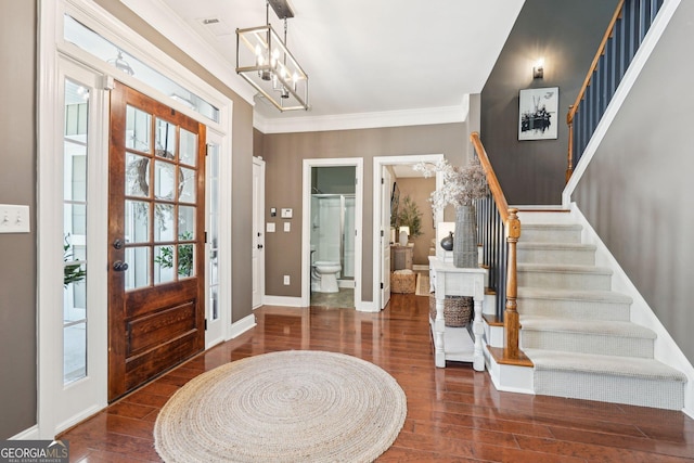 185 Starlight Dr, Dahlonega, GA 30533 - entryway featuring wood finished floors, an inviting chandelier, and stairs