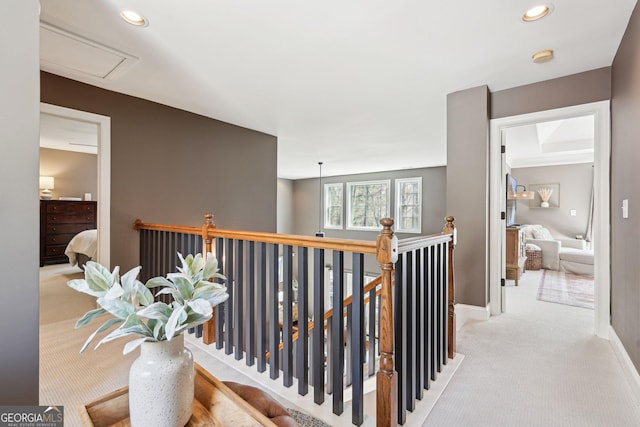 185 Starlight Dr, Dahlonega, GA 30533 - hallway featuring recessed lighting, baseboards, an upstairs landing, and carpet floors