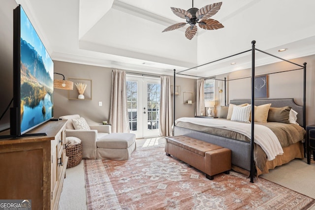 185 Starlight Dr, Dahlonega, GA 30533 - carpeted bedroom with access to outside, a ceiling fan, ornamental molding, recessed lighting, and french doors