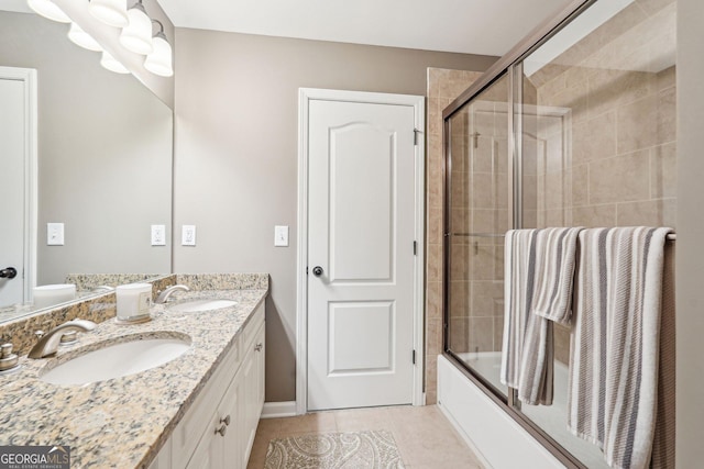 185 Starlight Dr, Dahlonega, GA 30533 - bathroom with a sink, tile patterned floors, double vanity, and enclosed tub / shower combo