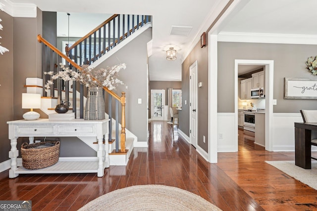 185 Starlight Dr, Dahlonega, GA 30533 - foyer with stairs, ornamental molding, and wood finished floors