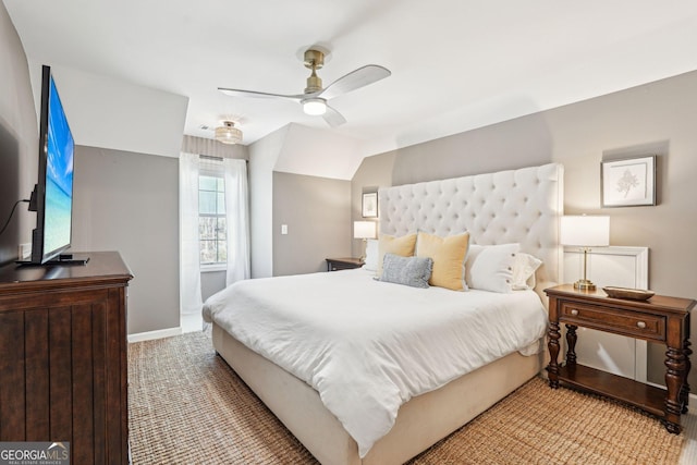 185 Starlight Dr, Dahlonega, GA 30533 - bedroom with light carpet, ceiling fan, and baseboards