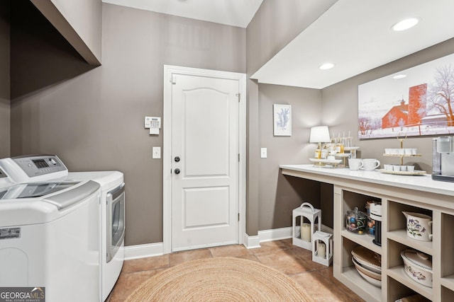 185 Starlight Dr, Dahlonega, GA 30533 - clothes washing area featuring light tile patterned floors, baseboards, laundry area, independent washer and dryer, and recessed lighting
