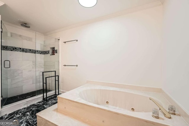 bathroom featuring marble finish floor, crown molding, a stall shower, and a tub with jets