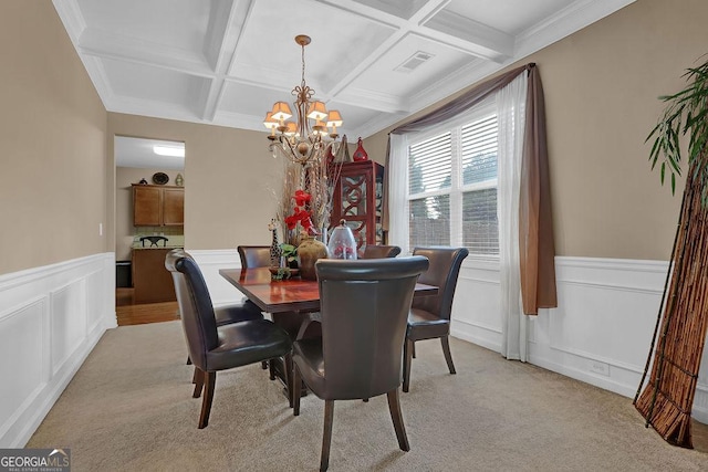 2384 Allsborough Way, Dacula, GA 30019 - dining area with a chandelier, coffered ceiling, a wainscoted wall, a decorative wall, and light carpet