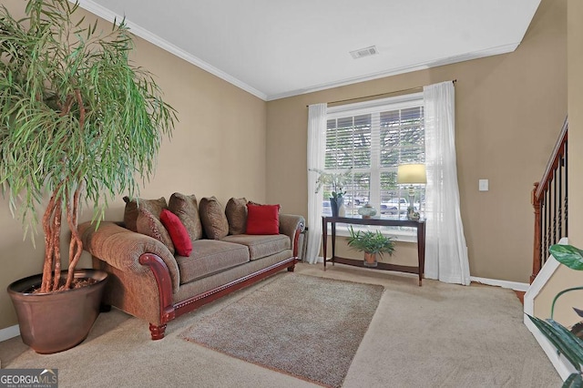 2384 Allsborough Way, Dacula, GA 30019 - carpeted living area featuring ornamental molding, baseboards, and stairs