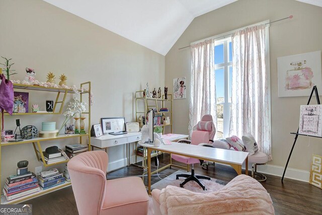home office with wood finished floors, baseboards, and lofted ceiling
