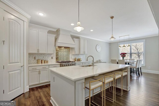 kitchen with tasteful backsplash, a sink, a kitchen breakfast bar, premium range hood, and dark wood-type flooring