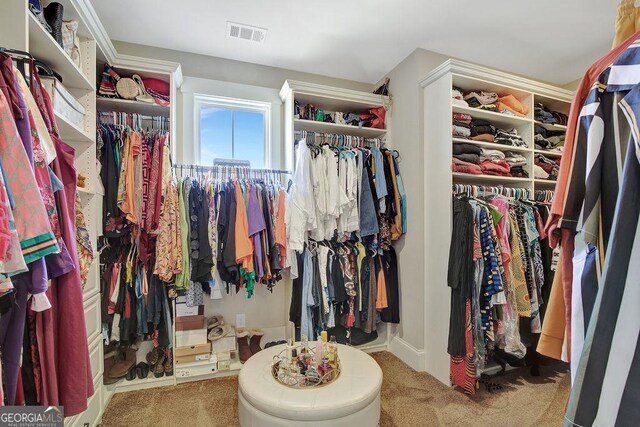 spacious closet featuring carpet flooring and visible vents