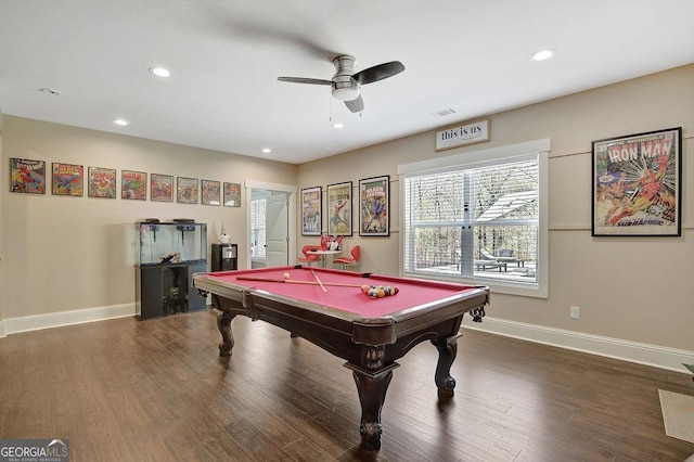 recreation room featuring a ceiling fan, recessed lighting, wood finished floors, baseboards, and billiards