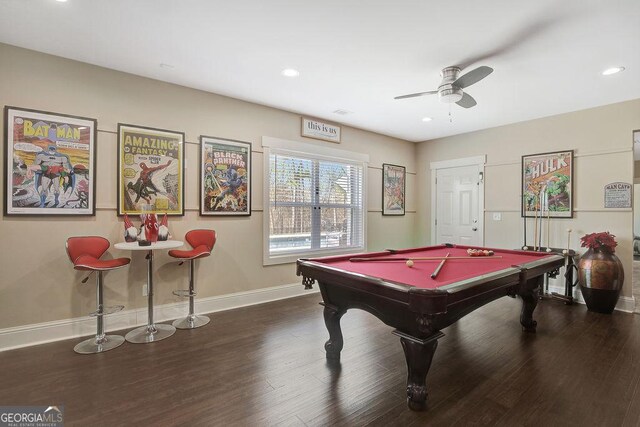 recreation room with wood finished floors, baseboards, billiards, and ceiling fan