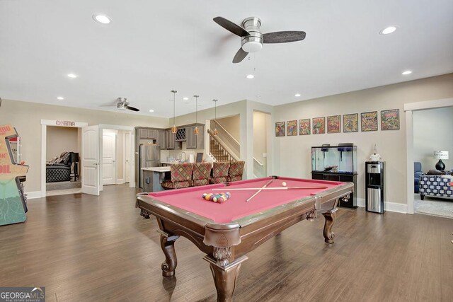 rec room with pool table, recessed lighting, dark wood-type flooring, and ceiling fan