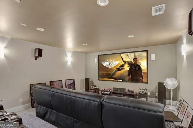 carpeted home theater with visible vents, baseboards, and recessed lighting