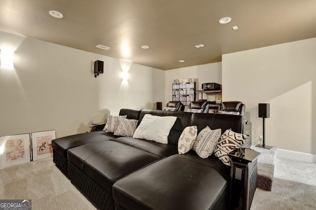 home theater featuring visible vents, carpet, and recessed lighting