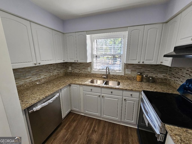 173 Amherst Pl NW, Atlanta, GA 30327 - kitchen featuring white cabinets, a sink, stainless steel appliances, under cabinet range hood, and dark wood-style floors