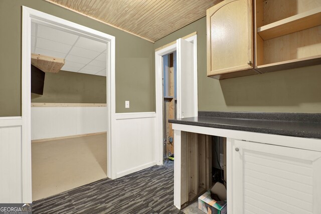 192 Aubrey Ave NE, Calhoun, GA 30701 - kitchen featuring wainscoting, open shelves, dark countertops, and light brown cabinets